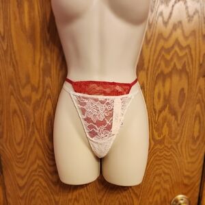 2 Victoria Secret Lace Thong Set - Red and White With Rhinestones NWT Sz Med